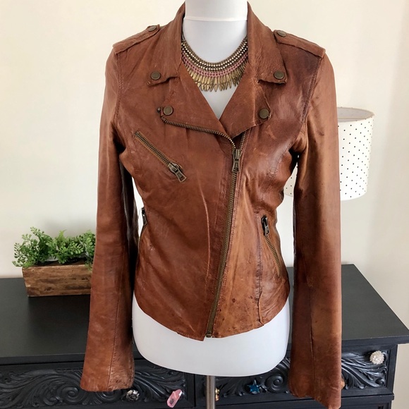 Zara Jackets & Blazers - Zara Trafaluc Genuine Cognac Leather Moto Jacket M